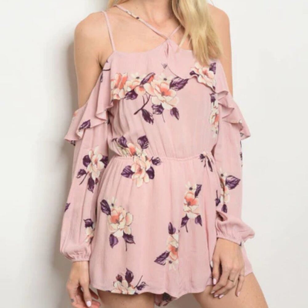 NWT London Blush Off Shoulder Strappy Ruffle Floral Romper Playsuit Small